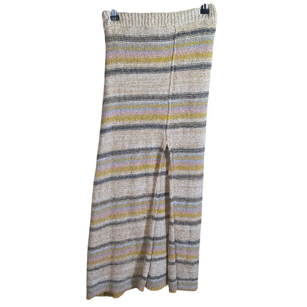 Into Womens Striped Knit Maxi Skirt Tan Multi Color Front Slit Boho Size Small